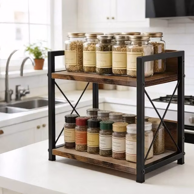 FORGEVIO Black Free Standing Metal and Wood Spice Rack and Herb Jar Organiser – 1