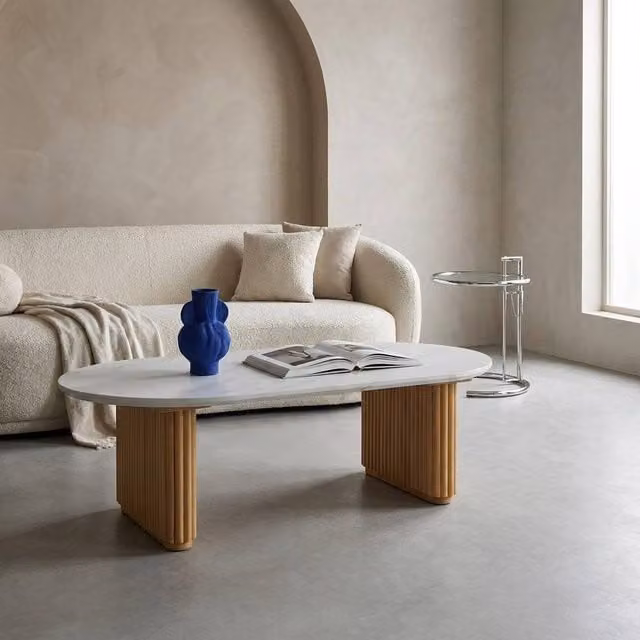 sweeek Oval Coffee Table in Brown Rubberwood with Stone Effect, W/D/H: 65 x 35 x 65 cm