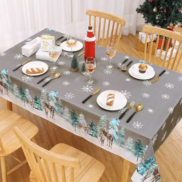 London Boutique Waterproof Christmas Tablecloth with Reindeer Print in Grey, W: 137.16 cm x D: 200.66 cm