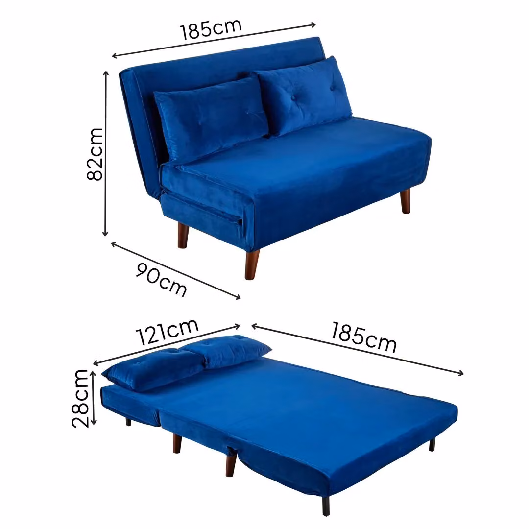 Home Source Blue Velvet Double Sofa Bed with Wooden Legs and Two Pillows – 3