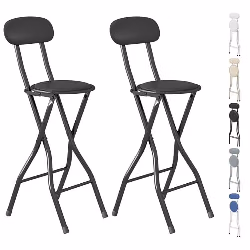 MCC Direct Set of 2 Folding Breakfast Bar Stools with Padded Synthetic Leather and Metal Frame in Black and White