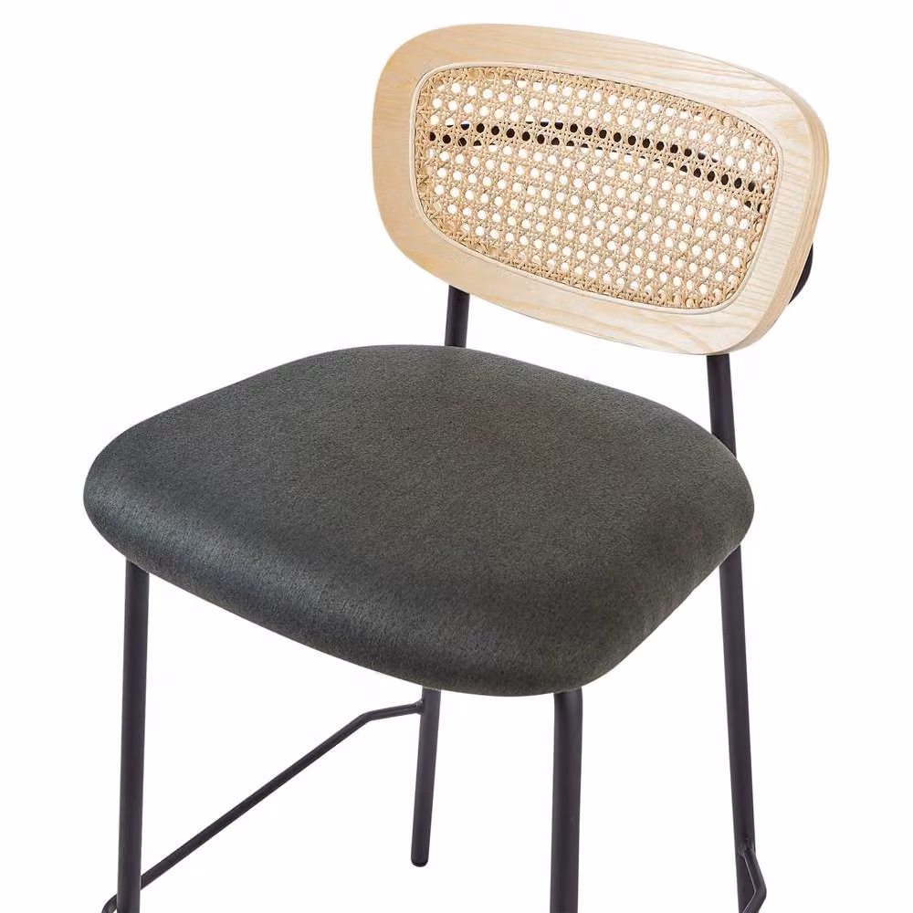 Wyld and Coco Viennese Rattan Bar Chairs Set of 2 with Dark Green Fabric Upholstery and Natural Wood Finish – 3