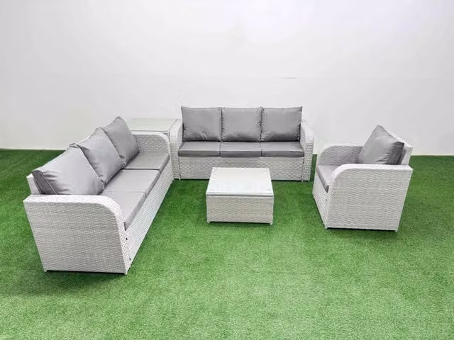 Fimous 7 Seater Poly Rattan Garden Furniture Set in Grey with Upholstered Cushions and Coffee Table