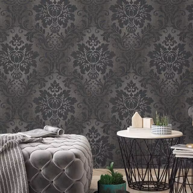 Grandeco Grey Floral Abstract Fabric Effect Distressed Damask Wallpaper