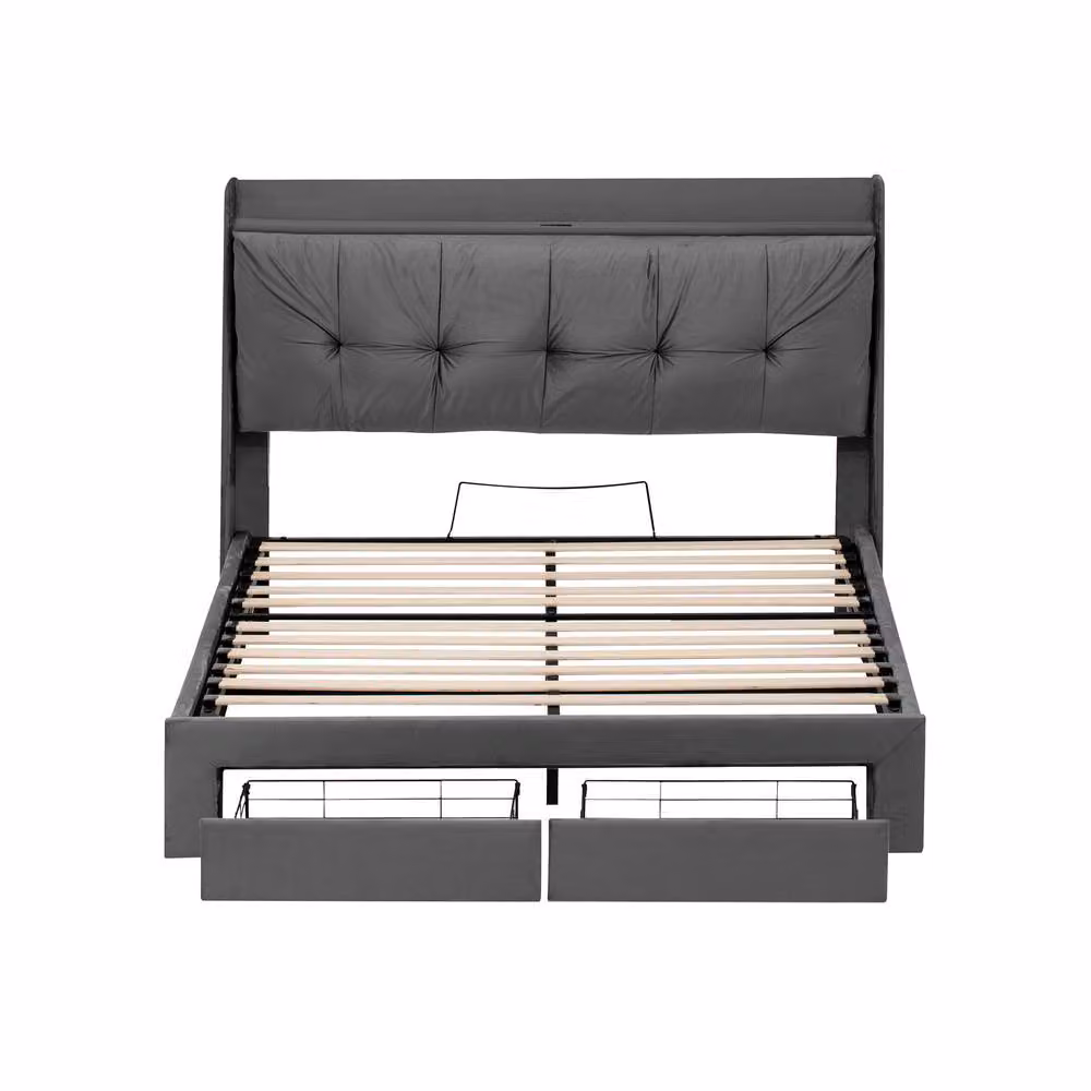 ModernLuxe Grey Upholstered King Size Ottoman Bed with Cushion Headboard, LED Under-Bed Lighting and USB Charging Port – 6
