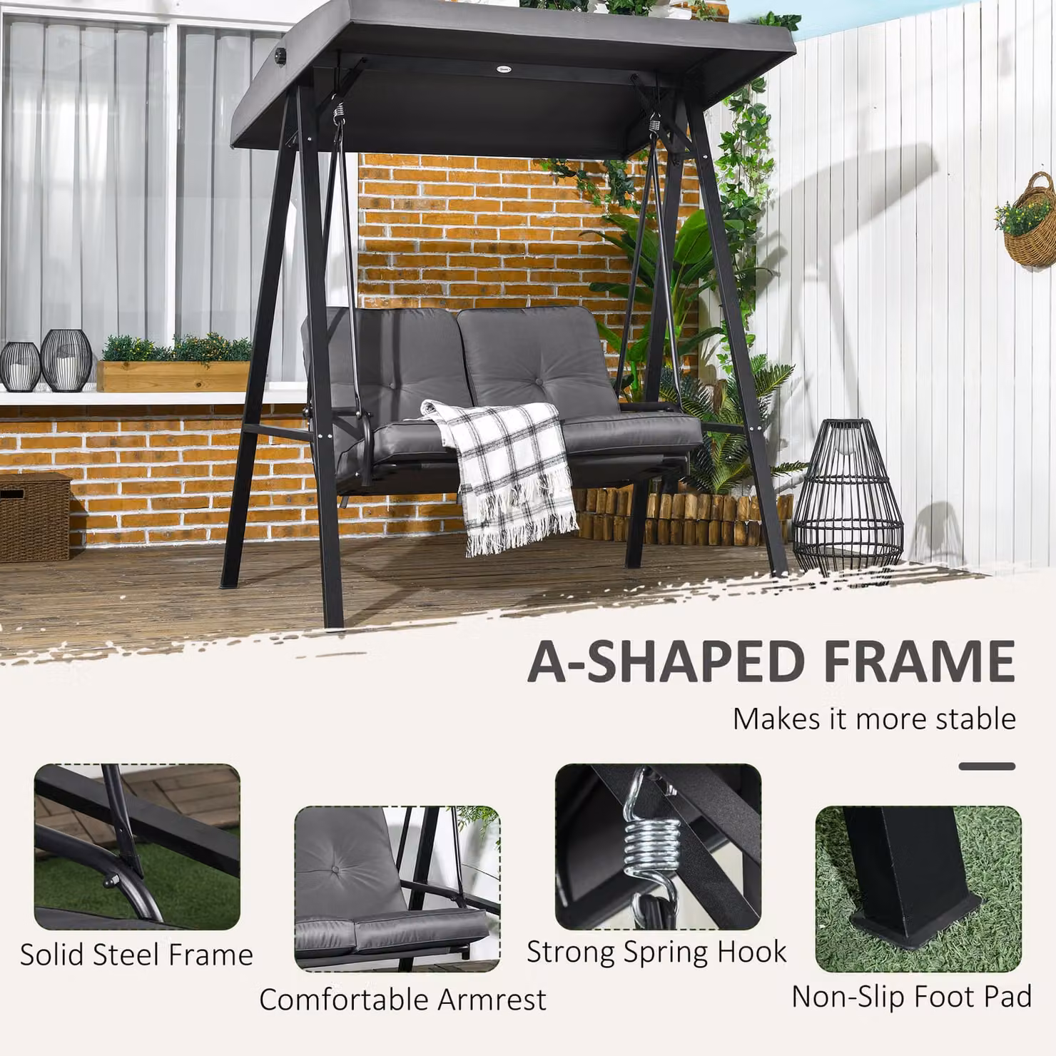 Outsunny Two-Seater Garden Swing Bench with Adjustable UV-Resistant Canopy and Cushions in Dark Grey – 6