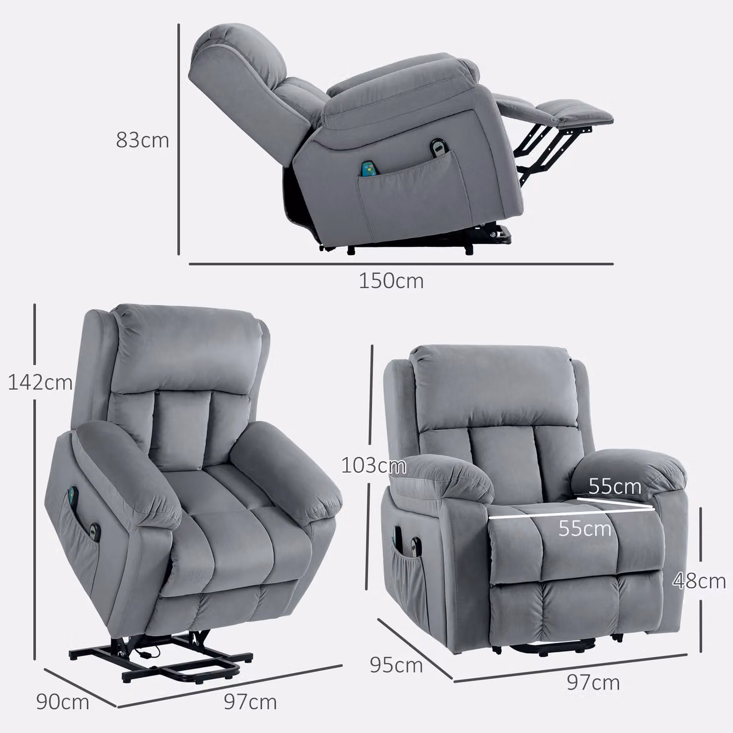 HOMCOM Grey Fabric Lift Chair with Vibration Massage and Heat Function – 2