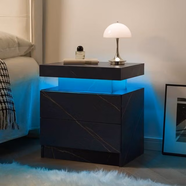 Direct Wicker Modern Black Rattan Bedside Cabinet with Integrated LED Lighting and Stone Pattern Decoration – 1