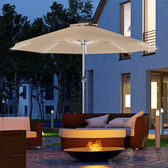 Outsunny Khaki Patio Parasol Umbrella with Solar Lights and Aluminium Frame