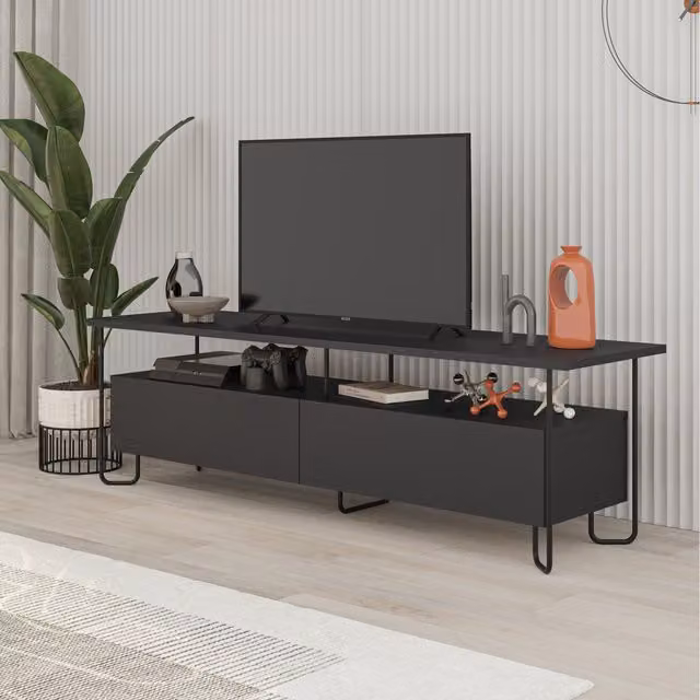 Decortie Cornea Modern TV Unit with Storage Cabinet in Matt Silky Black