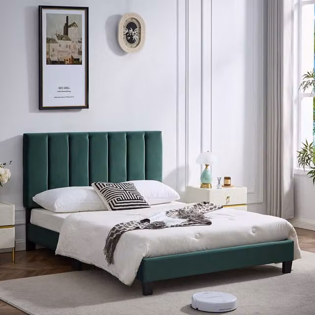 Furniture One Green Velvet Upholstered Platform Bed with Adjustable Headboard and Solid Pine Wood Frame, Width: 162 cm