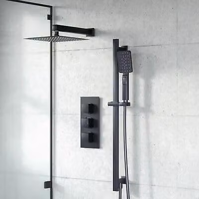 Nes Home Matte Black Twin Head Rainfall Shower Set with Concealed Mixer Valve and Handheld Shower