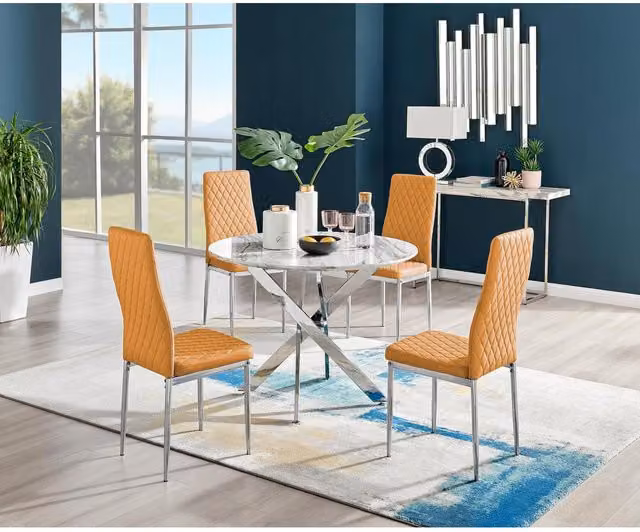 FurnitureboxUK Novara White Marble Effect Round Dining Table with 4 Milan Chrome Leg Chairs in Mustard