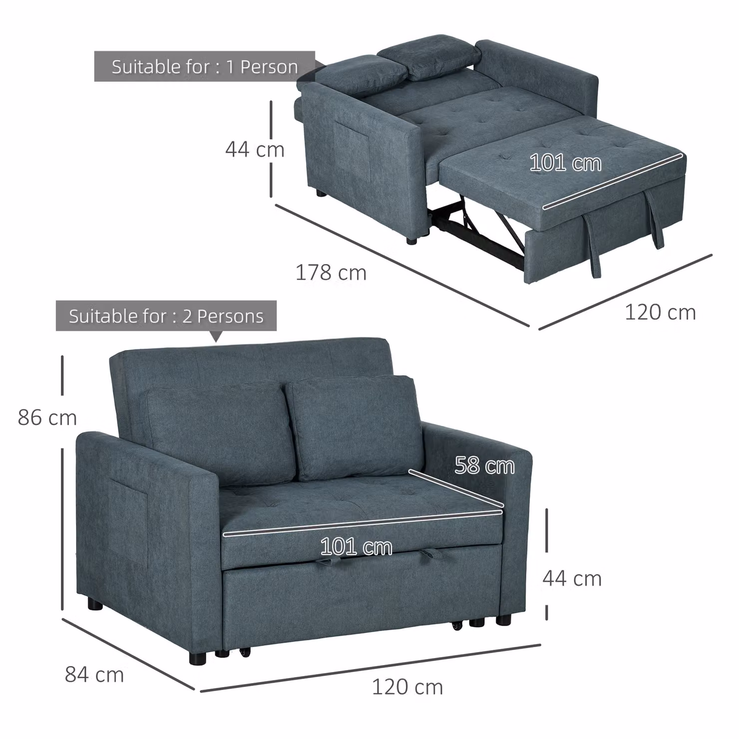 HOMCOM Convertible Loveseat Sofa Bed in Grey with Fabric Upholstery and Scatter Cushions – 3