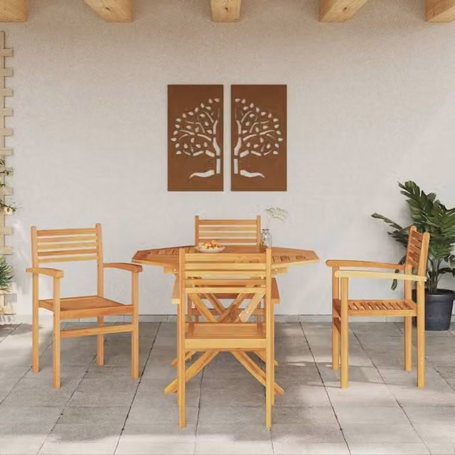 Berkfield Home Set of 4 Brown Teak Wood Stackable Garden Chairs with Armrests W/D/H: 55.5 x 55.5 x 90 cm