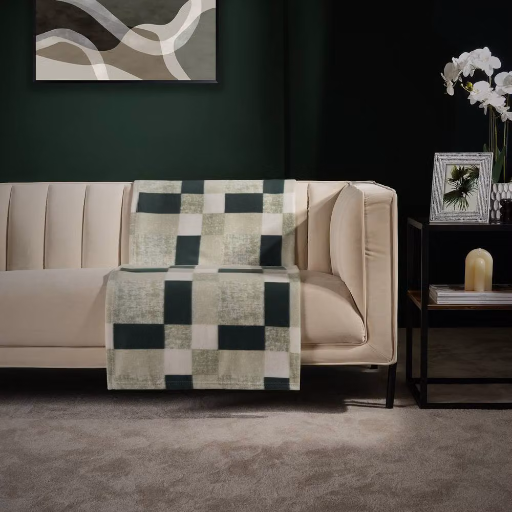 OHS Green Tartan Check Fleece Throw Blanket, W: 200 cm, D: 240 cm – 3