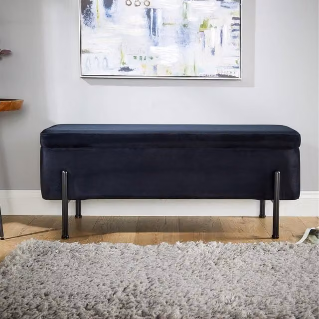 Home Source Oasis Ottoman in Blue Velvet with Black Metal Legs