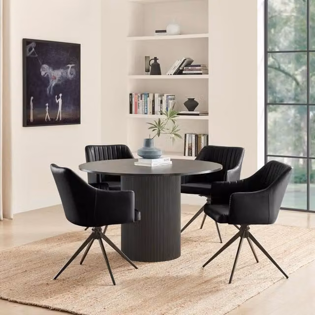 FurnitureboxUK Penrose Black Round Dining Table and 4 Calla Faux Leather Swivel Chairs, Diameter: 120 cm