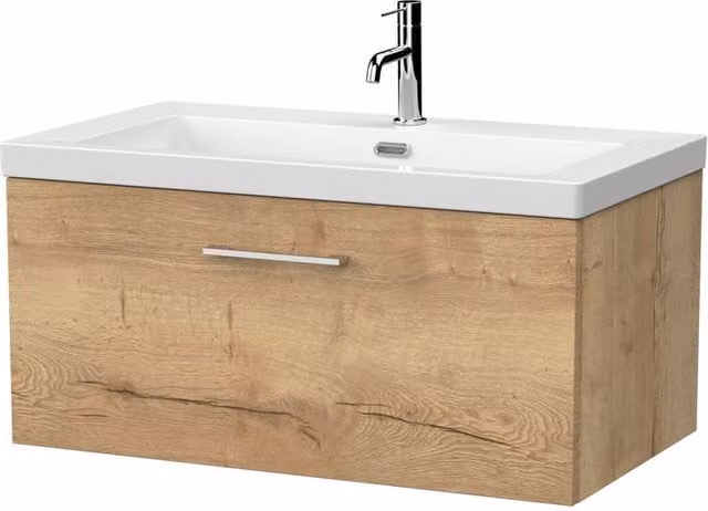 Balterley Pershall Modern Wall Mounted 1 Drawer Vanity Unit and Fireclay Basin in Autumn Oak Brown, Width: 80 cm – 1