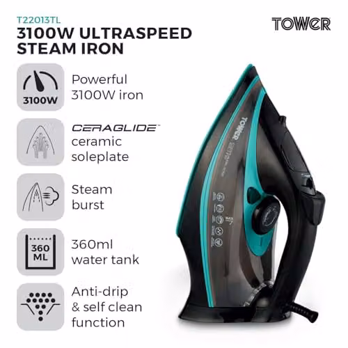 Tower Steam Iron with Ceramic Non-Stick Plate and Anti-Calc System, Black and Petrol – 3