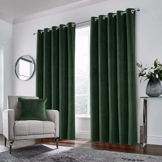 Enhanced Living Green Blackout Velvet Eyelet Curtains, W: 137 cm, H: 117 cm