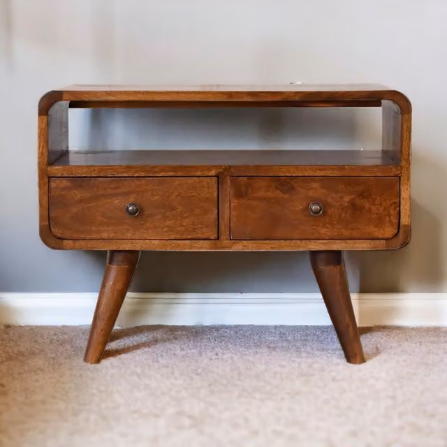 Aosom UK Solid Mango Wood Mini Media Unit with Smooth-Glide Drawers and Open Slot, Brown, W/D/H: 60 x 30 x 45 cm