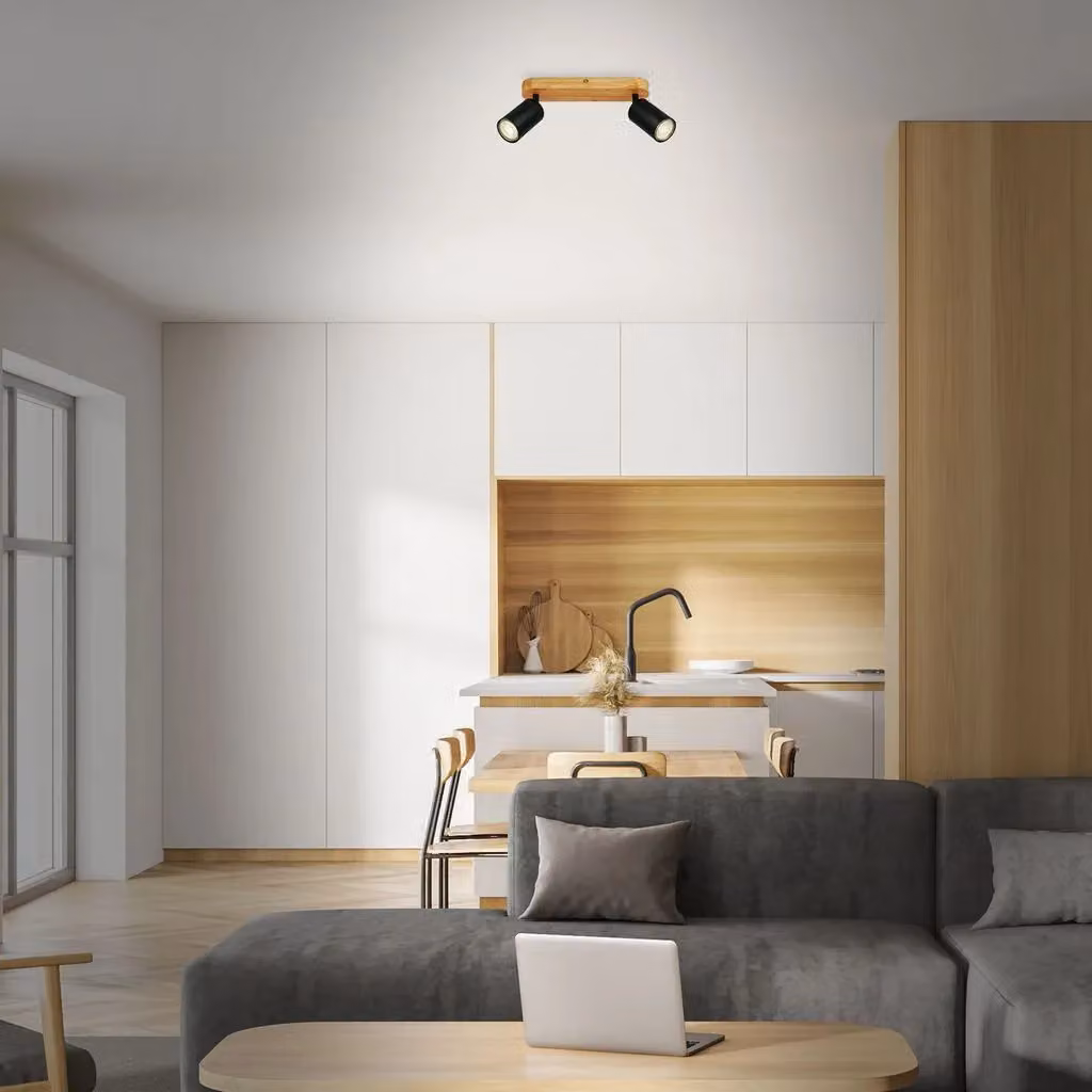 Briloner Retro Industrial Ceiling Lamp in Black Wood with 2 Adjustable GU10 Sockets, W/D/H: 27 x 6 x 8.5 cm – 4
