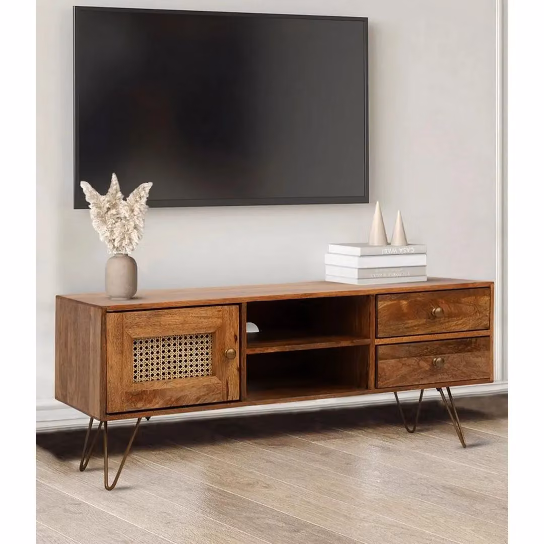 Jaipur Furniture Ltd Nyack TV Unit in Brown Mango Wood and Iron with Natural Rattan, W: 120 cm, D: 40 cm, H: 50 cm – 4