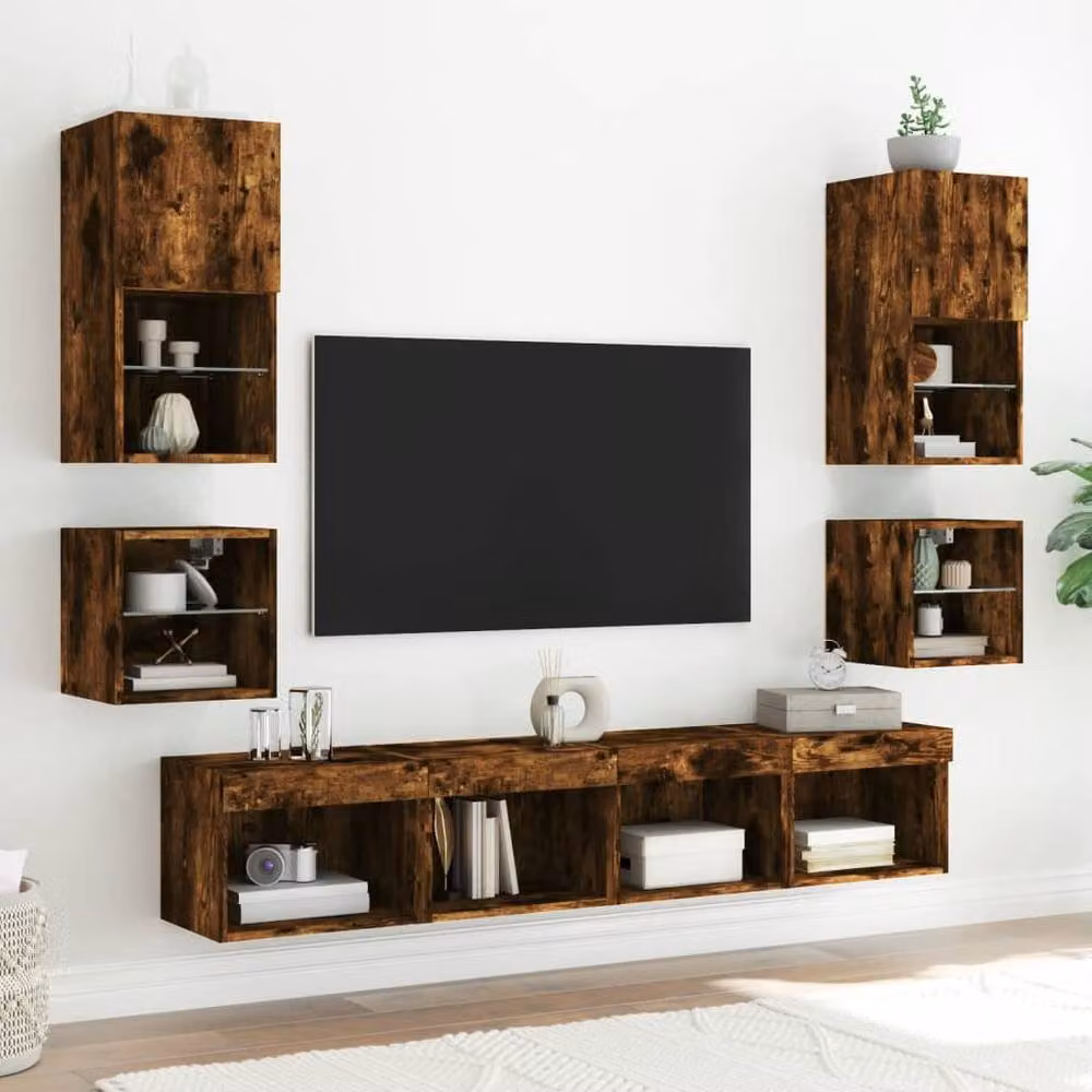 Berkfield Home TV Wall Cabinet with LED Lights in Smoked Oak Brown, W/D/H: 30 x 28.5 x 30 cm – 4