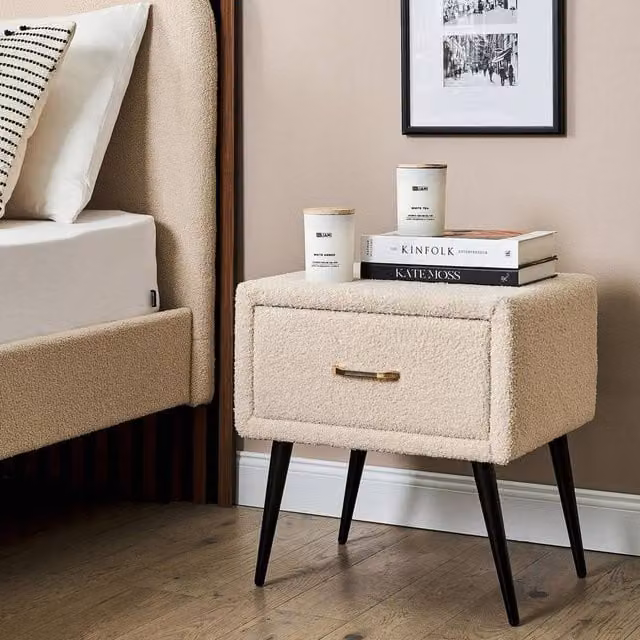 Wyld and Coco Beige Boucle Bedside Table with Black Iron Legs and Rose Gold Handle – 1