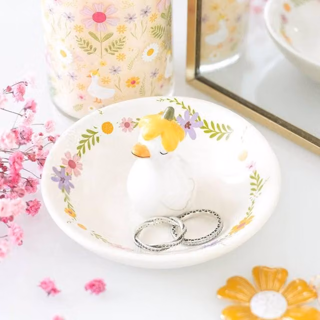 Uniqueful Daisy and Duck Ceramic Trinket Dish, Multicolour and White Floral Round Tabletop Bowl