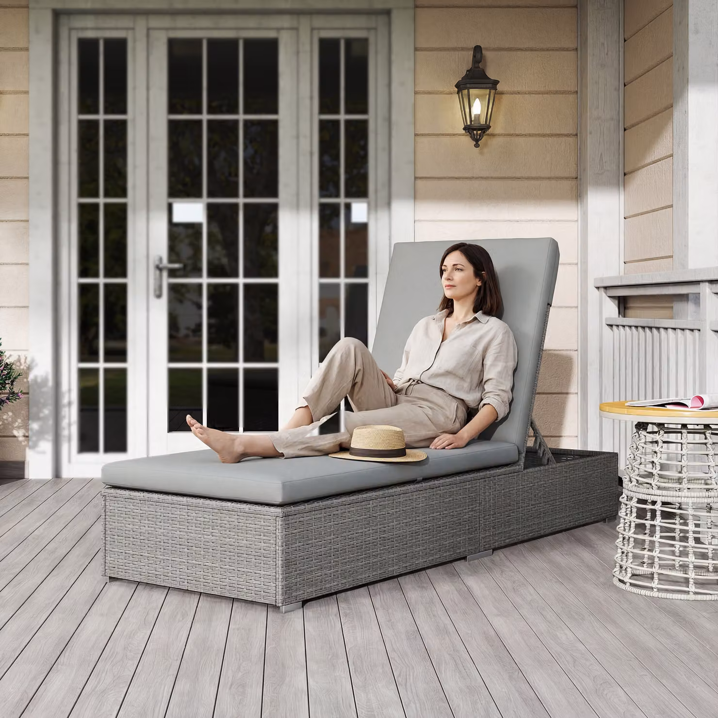 Outsunny Rattan Sun Lounger with Weatherproof Cushion in Grey – 7