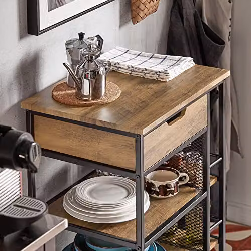 SoBuy Industrial Kitchen Trolley Cart with Drawer and 3 Shelves, Brown, W/D/H: 50 x 37 x 87 cm – 4