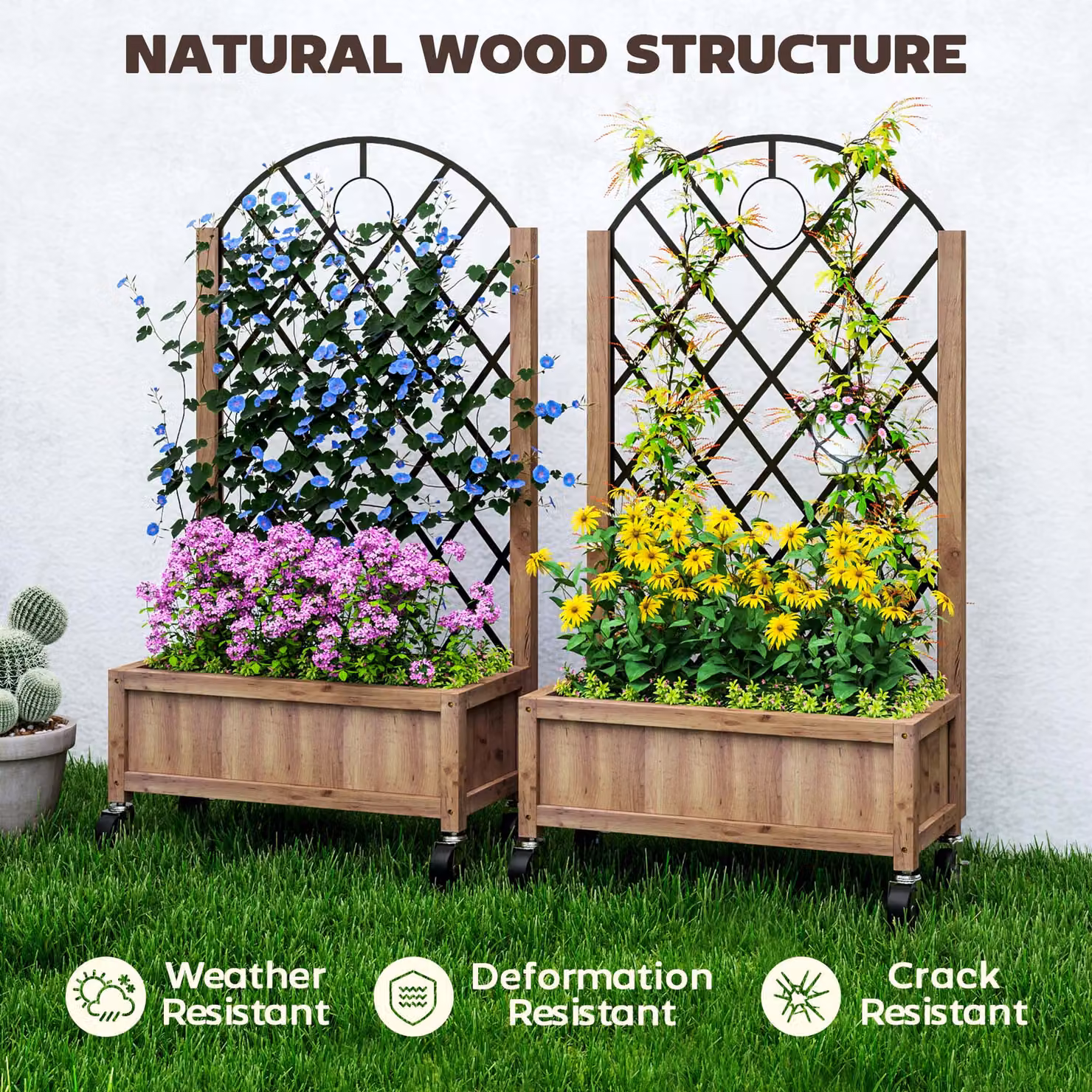 Outsunny Pack of 2 Brown Wooden Raised Garden Beds with Metal Trellis and Wheels, W/D/H: 97 x 52 x 20 cm – 7