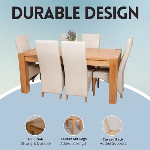 Thats Furniture Kuba Oak Dining Table and 6 Lola Upholstered Leather Chairs Set, Beige, W/D/H: 180 x 90 x 78 cm – 2