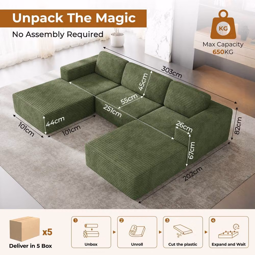 Dprodo Green Corduroy Modular U-Shape Sofa with Matching Ottoman and Removable Covers – 2