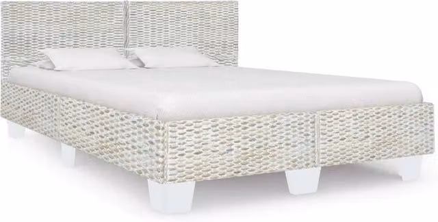 Berkfield Home Grey Natural Rattan and Mango Wood Bed Frame with Lift Up Base W: 160 cm, D: 200 cm