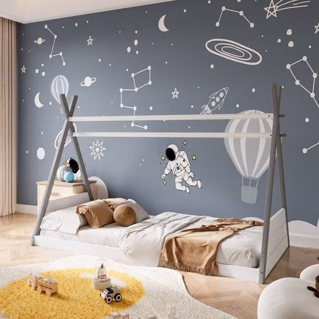 Livingandhome Lacquered Solid Pine Wood Kids House Bed Frame in Grey and White