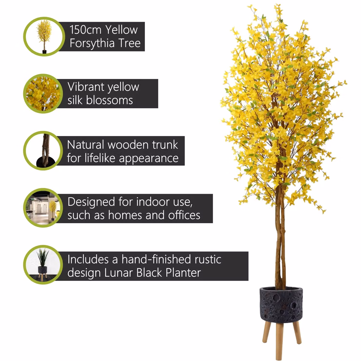Pegdev 150cm Artificial Forsythia Tree in a Lunar Black Planter, Yellow – 2