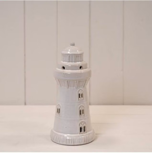 KDMD Glazed Ceramic Lighthouse LED Ornament with Textured Detail in White