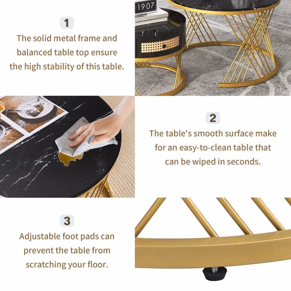 ModernLuxe 2-in-1 Round Coffee Table with Marble Top and Rattan Drawers in Black – 5