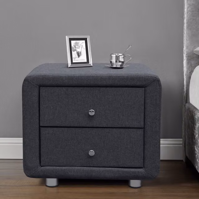 Comfy Living Grey Linen Fabric 2 Drawer Bedside Table with Chrome Handles