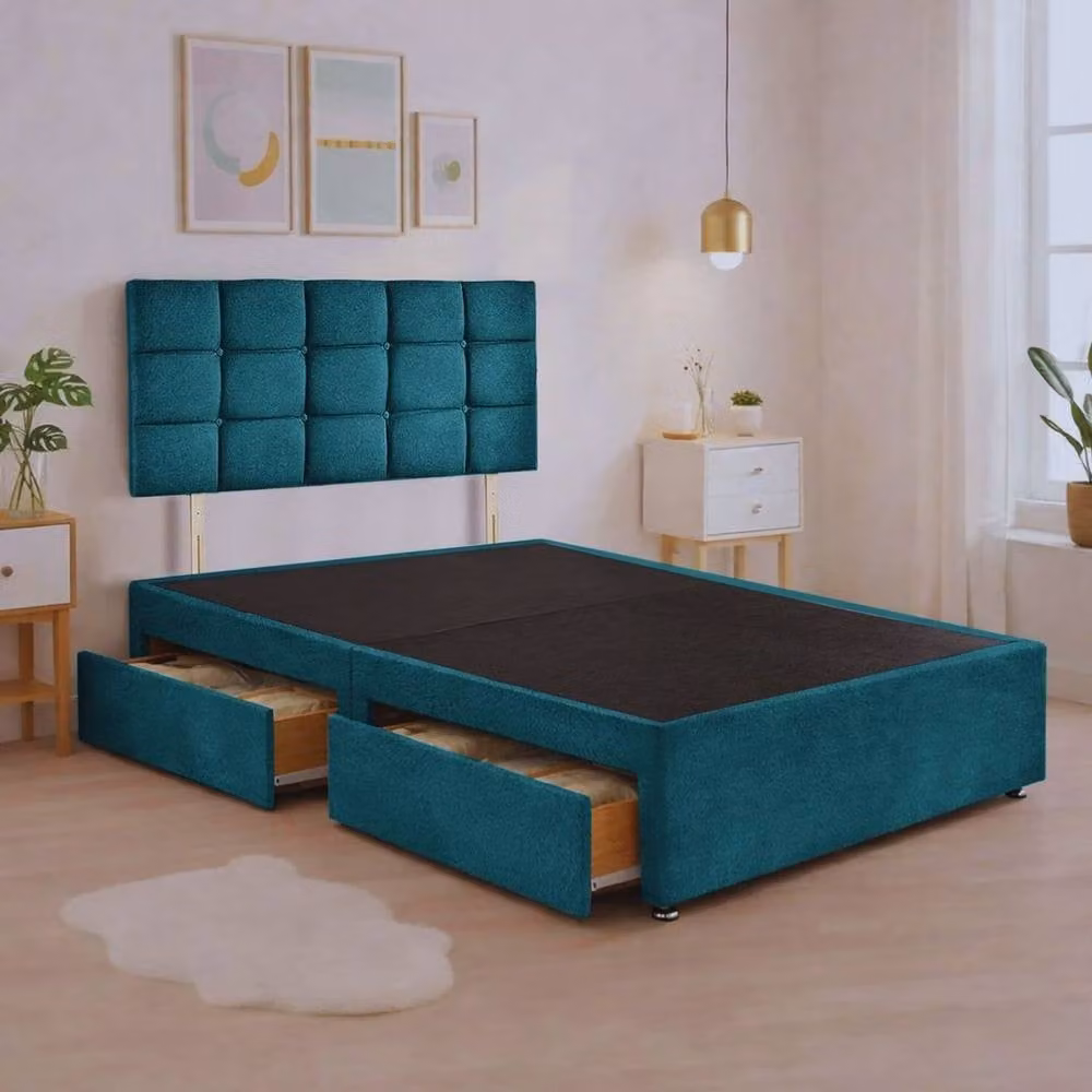 Bed Time UK Plush Velvet Divan Bed with Mattress, 20 inch Cubic Headboard and 2 Drawers in Petrol Blue, Size: Single, W/D/H: 90 x 190 cm