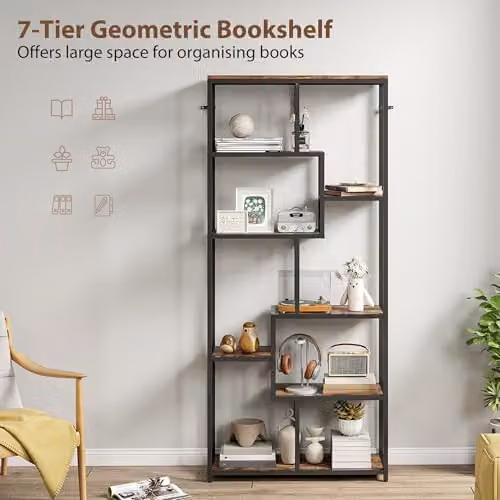 HOMCOM 7-Tier Industrial Floor Standing Bookshelf in Rustic Brown and Black, H: 180 x W: 80 x D: 30 cm – 3