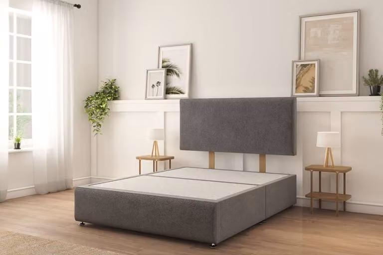 Sloomy Sterling Plush Divan Bed Set in Dark Grey with 2 Drawers (Left Side), 26 inch Strutted Headboard and 12 inch Matching Footboard, King Size, W/D/H: 180 x 200 cm