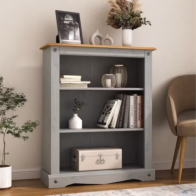 Mews Corona Small Low Bookcase in Grey Rustic Waxed Finish
