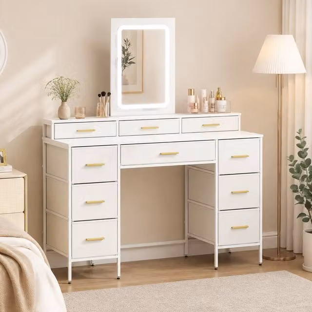 STILVORA Dressing Table with LED Mirror and 10 Drawers in White and Gold – 1