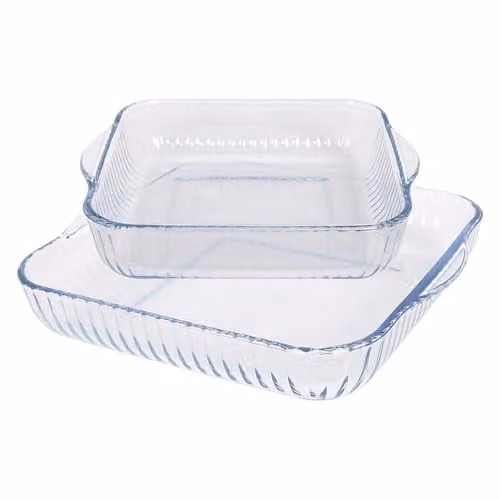 Argon Tableware Optical Square Glass Casserole Dish Set, 2-Piece Transparent Oven Dish Set with Handles, Microwave and Freezer Safe