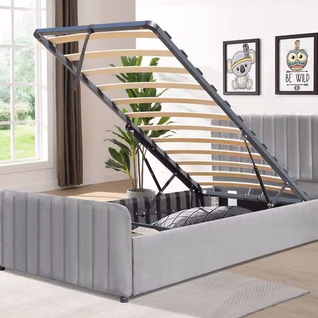 Comfy Living Gas Lift Ottoman Bedframe in Grey Brushed Velvet, Single, W/D/H: 90 x 190 cm