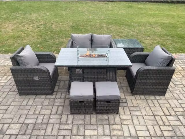 Fimous 7-Piece Dark Grey Rattan Garden Furniture Set with Gas Firepit Table and Reclining Chairs